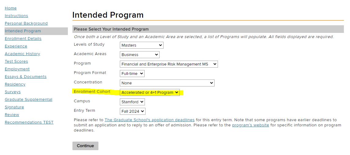 Screenshot of Intended Program within UConn Graduate School Application How to Apply to Accelerated Financial and Enterprise Risk Management Master's Program