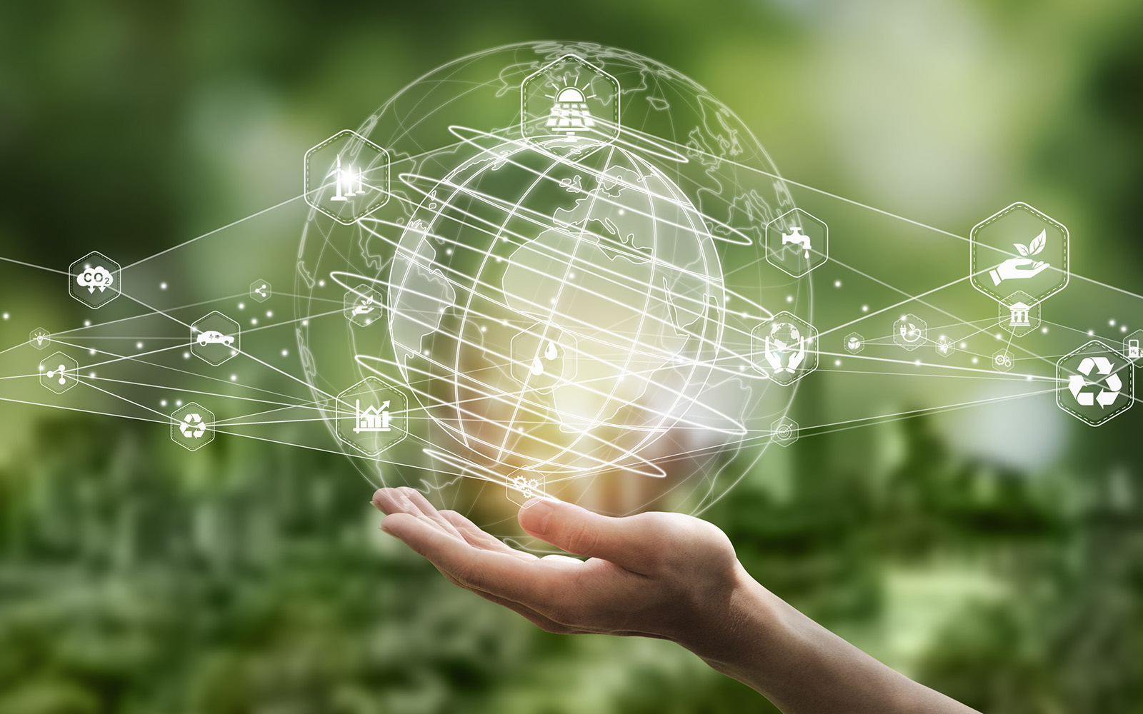 Digitized white globe graphic resting on an outstretched hand with blurry green background