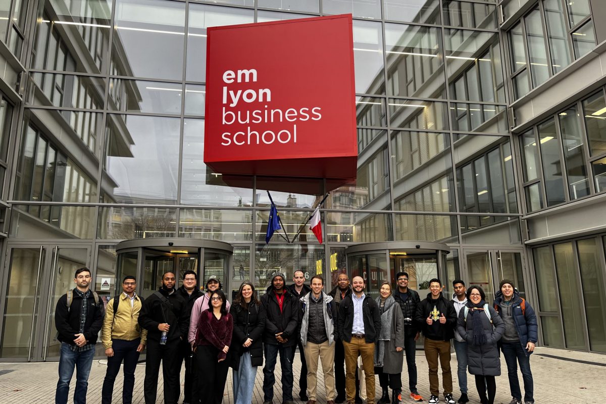 2025 France Trip group of student in front of EM LYON Business School