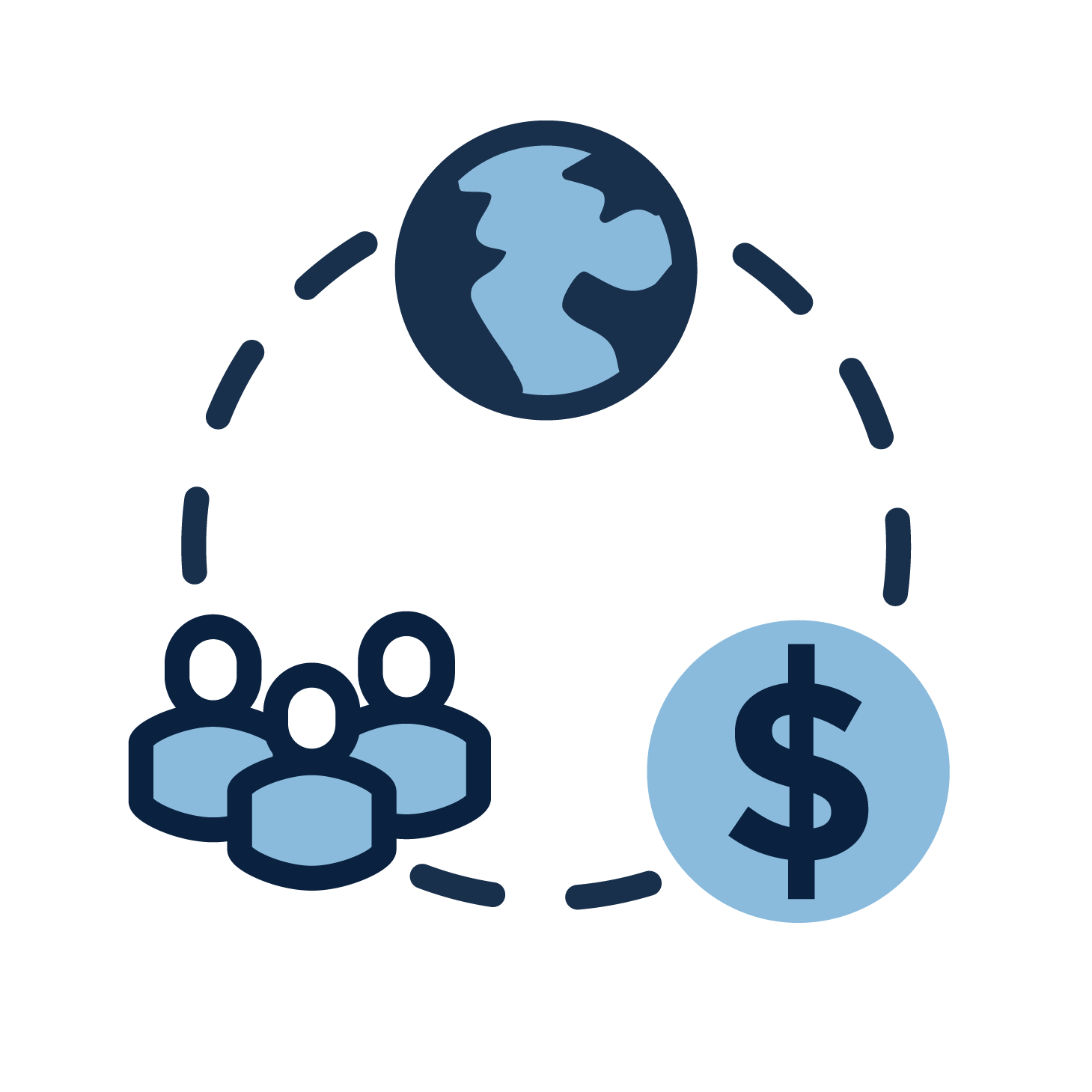 icon representing social responsibility and impact in business with graphic representation of people the globe and money connected in a circle